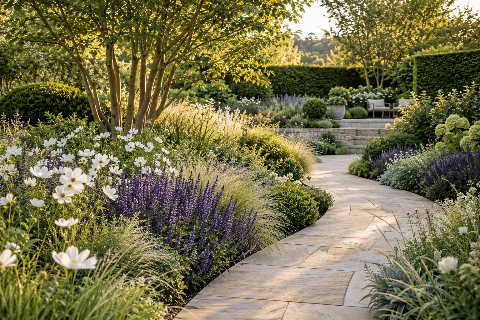 AI garden concept with a winding limestone path, white flowers and purple salvia.